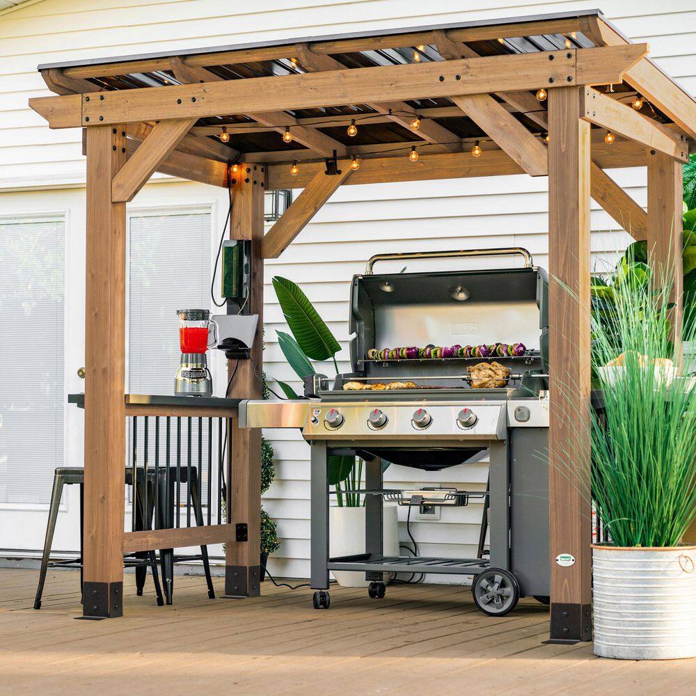 Backyard Discovery Saxony 8 ft. x 5 ft. All Cedar Wood Grill Gazebo with Hard Top Steel Roof, Powder Coated Steel Countertops and Electric 2104617com