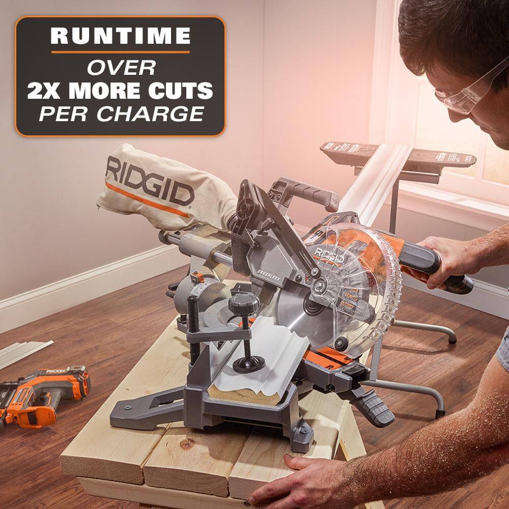 RIDGID 18V (2) 4.0 Ah Batteries and Charger Kit with 18V Brushless Cordless 7-1/4 in. Dual Bevel Sliding Miter Saw AC93044SBN-R48607B