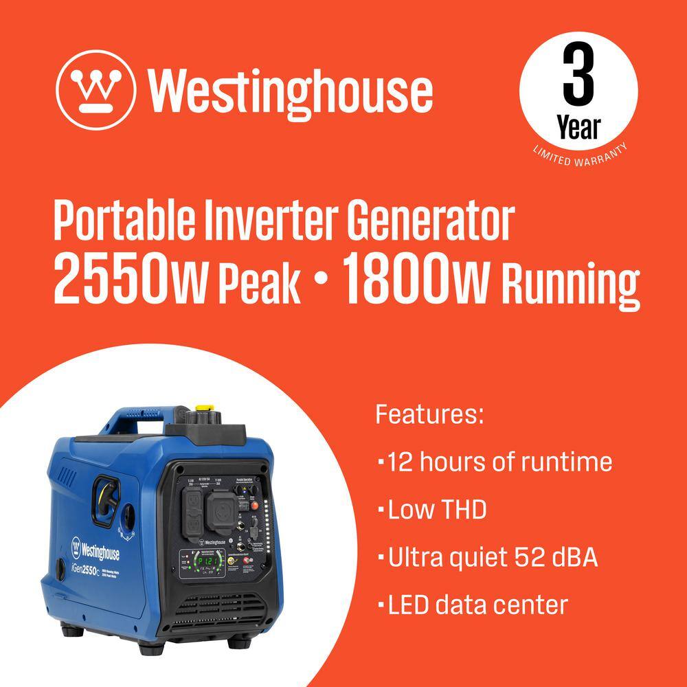 Westinghouse 2,550-Watt Gas Powered Portable Inverter Generator with Recoil Start, Quiet Technology, LED Data Center iGen2550c