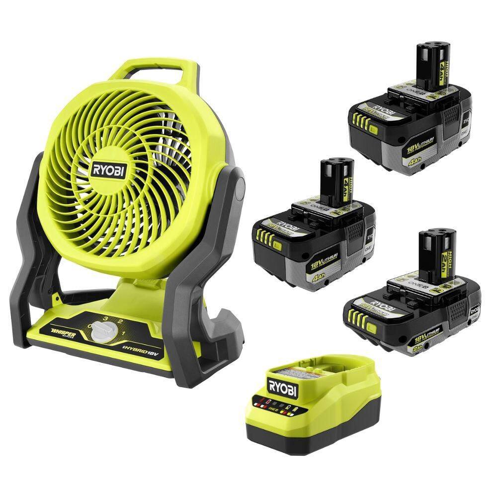 RYOBI ONE+ 18V HIGH PERFORMANCE Kit w/ (2) 4.0 Ah Batteries, 2.0 Ah Battery, Charger, & ONE+ 18V Hybrid 7-1/2 in. Fan PSK108SB-PCL811B