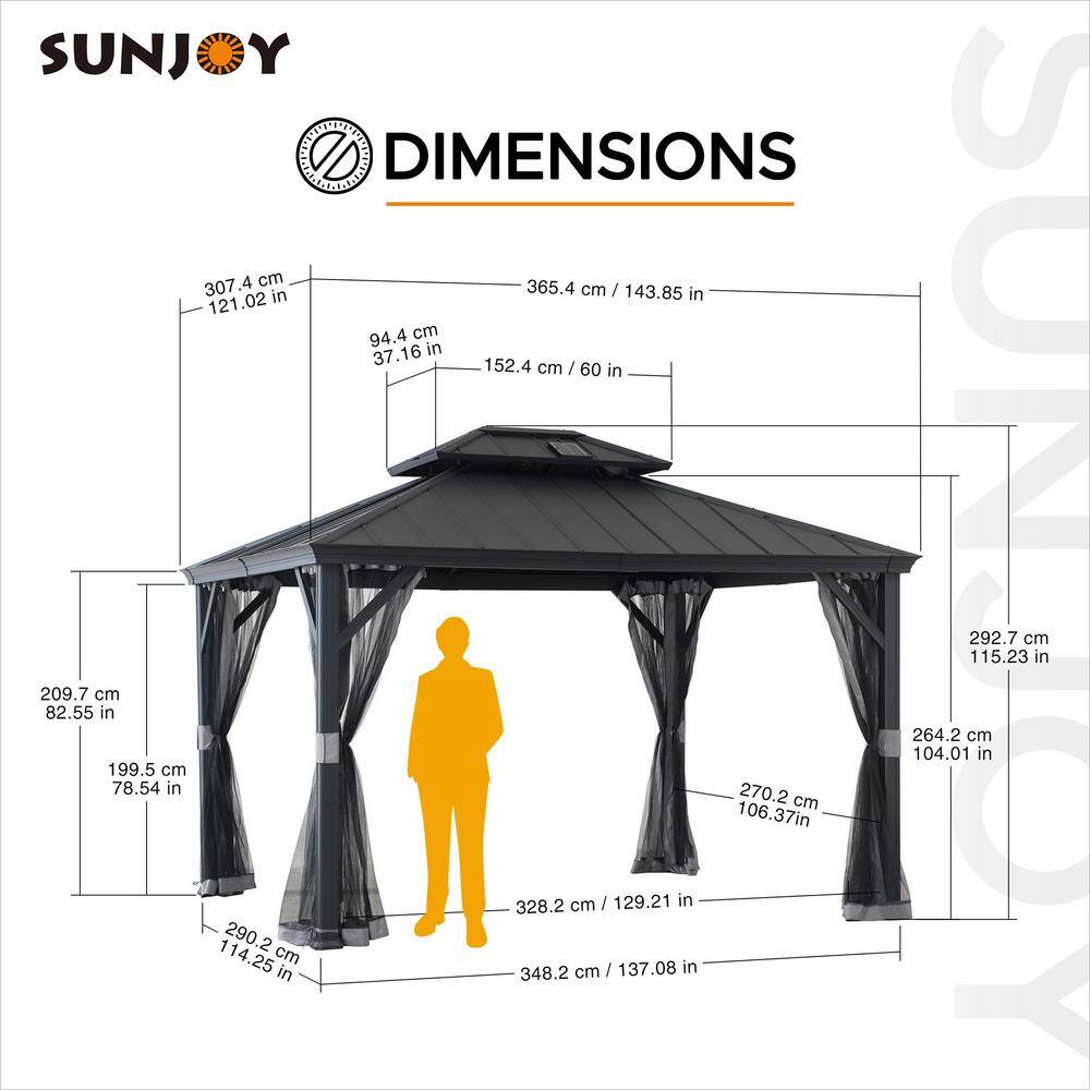 Sunjoy 10 ft. x 12 ft. 2-Tier Black Power-Coated Steel Hardtop Gazebo Patio Aluminum Frame Gazebo with Solar Panel and Netting A1020121C0
