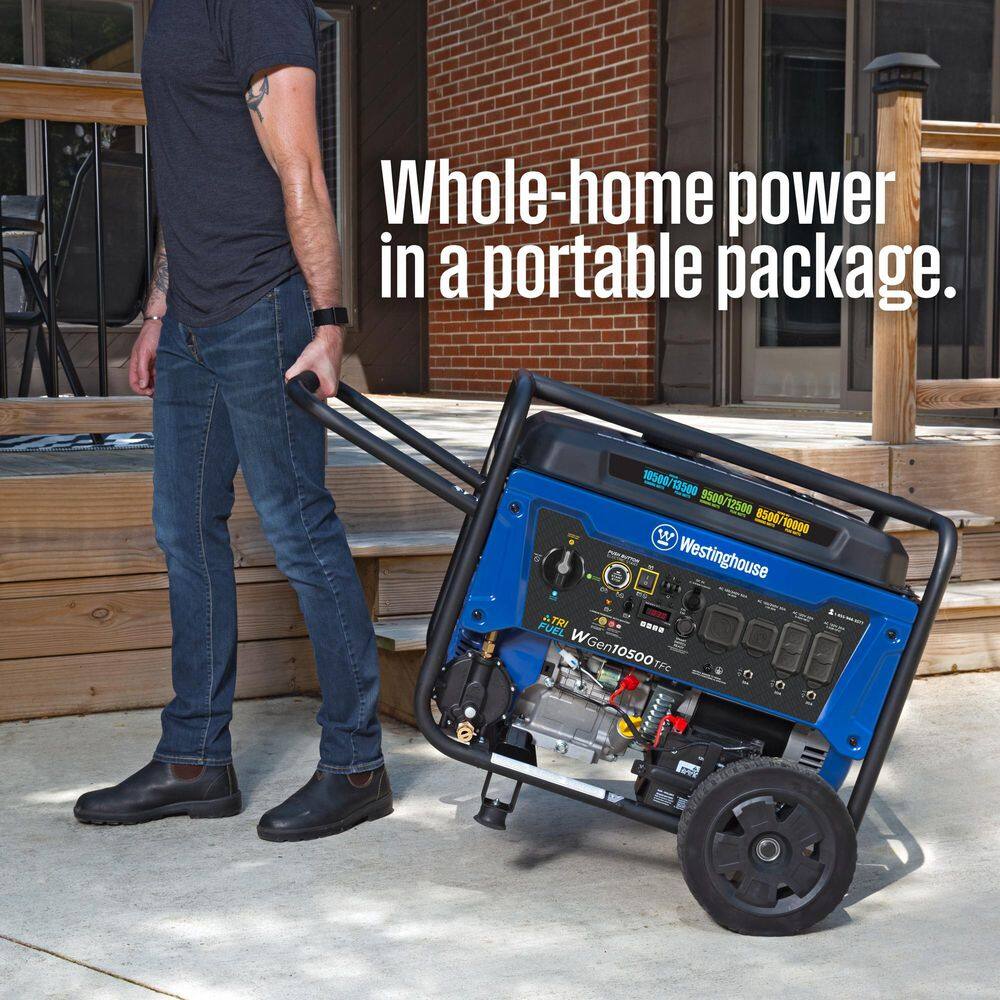 Westinghouse 13,500/10,500-Watt Tri-Fuel Gas, Propane, Natural Gas Powered Portable Generator with Remote Electric Start, 50A Outlet WGen10500TFc