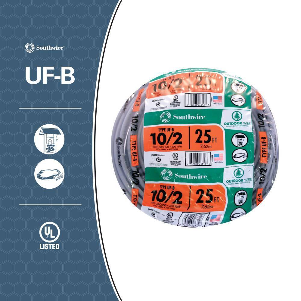 Southwire 25 ft. 10/2 Gray Solid CU UF-B W/G Wire 13056721