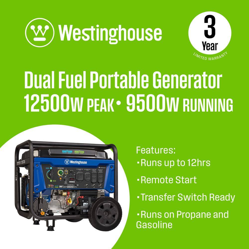 Westinghouse 12,500/9,500-Watt Dual Fuel Gas and Propane Powered Portable Generator with Remote Electric Start, 50 Amp Outlet WGen9500DFc