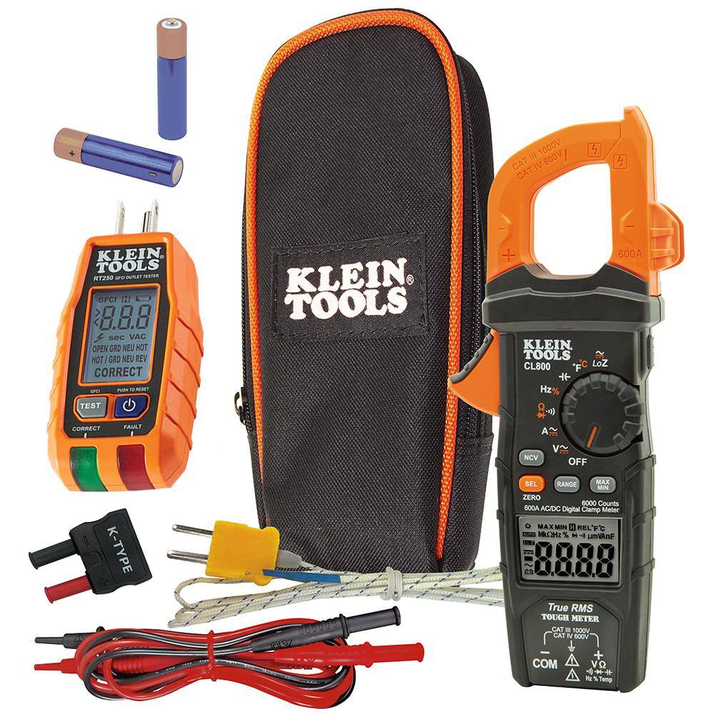 Klein Tools 600 Amp Digital Clamp Meter AC/DC True RMS Auto Ranging with GFCI Receptable Tester Tool Set M2O41529KIT