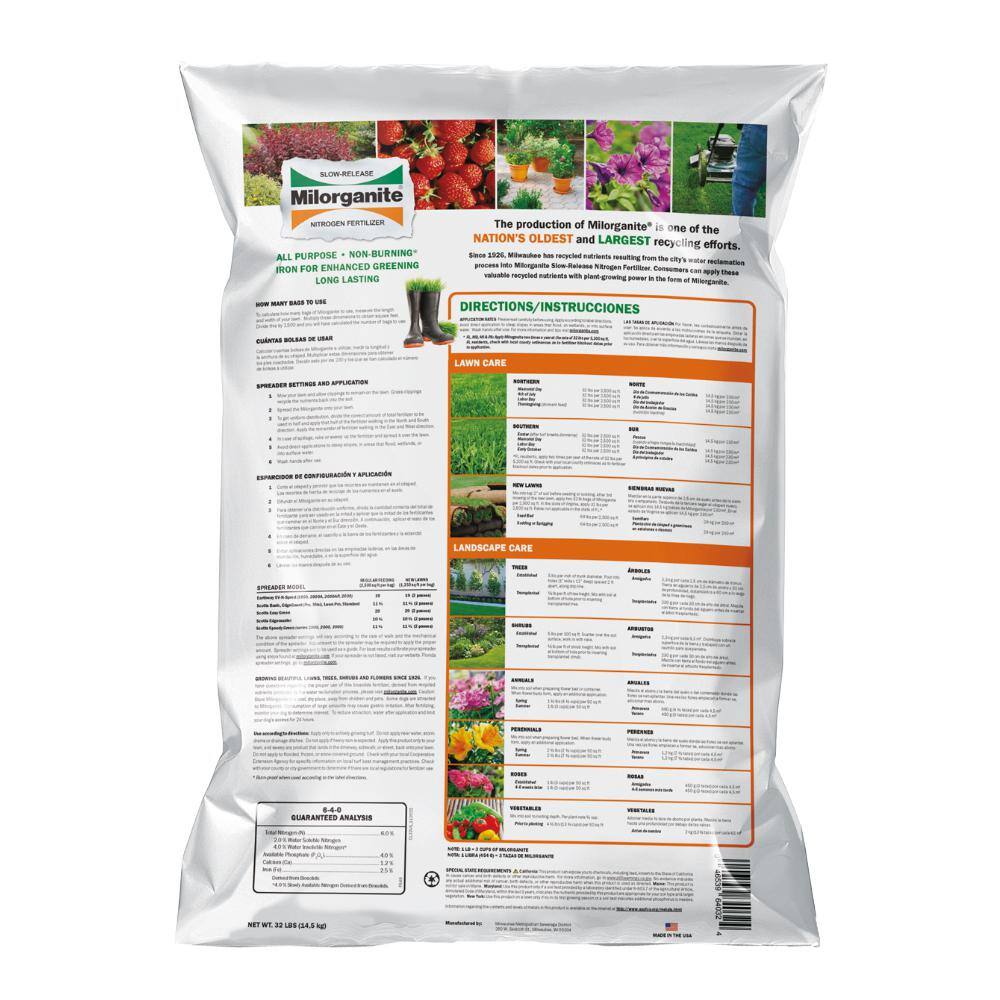 Milorganite 32 lbs. 2,500 sq. ft. Organic Slow-Release Nitrogen Lawn and Garden Dry Lawn Fertilizer 6-4-0 Pallet (63-Bags) 100552153