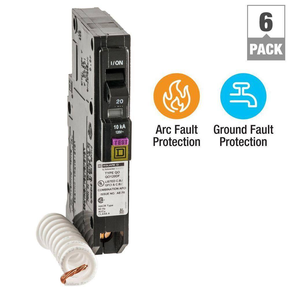 Square D QO 20 Amp Single-Pole Dual Function (CAFCI and GFCI) Circuit Breaker (6-Pack) QO120DFC6