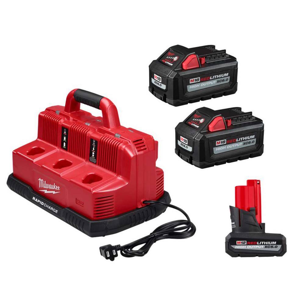 Milwaukee M18/M12 Multi-Voltage 6-Port Sequential Rapid Battery Charger w/(2) M18 6.0Ah Batteries & (1) M12 5.0Ah Battery 48-59-1807-48-11-2450-48-11-1862