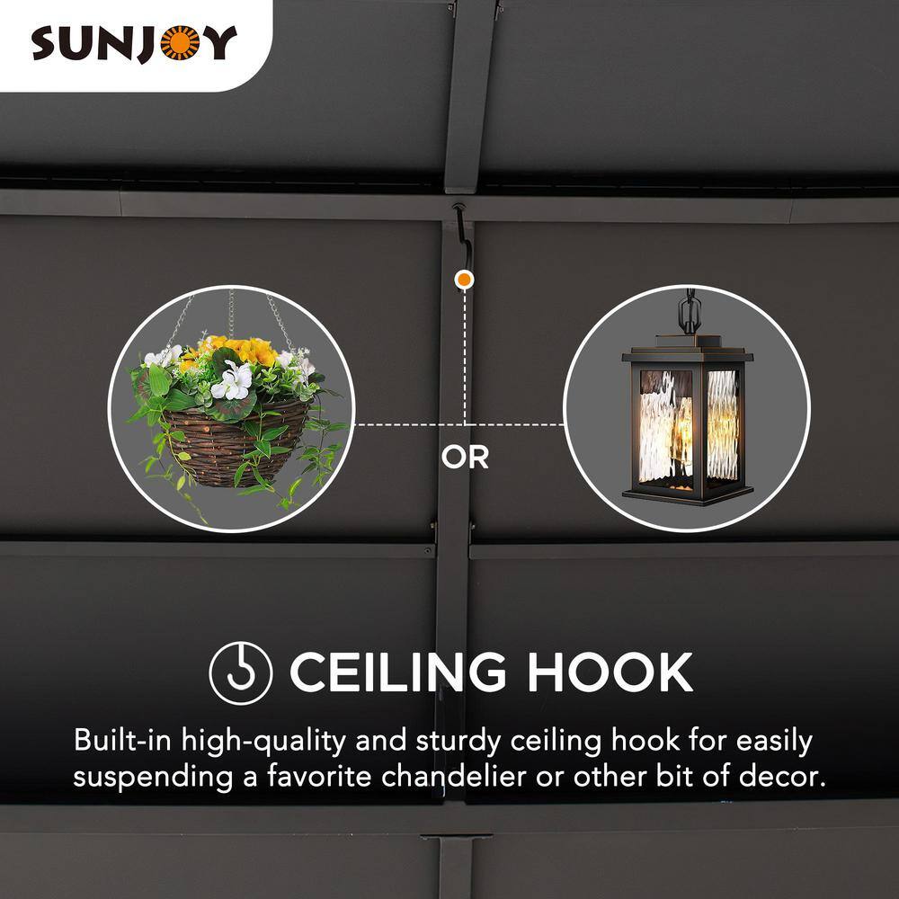 Sunjoy 12 ft. x 16 ft. Black Steel Gazebo with 2-tier Hip Roof Hardtop and Ceiling Hook and Removable Netting Sidewalls A102009141