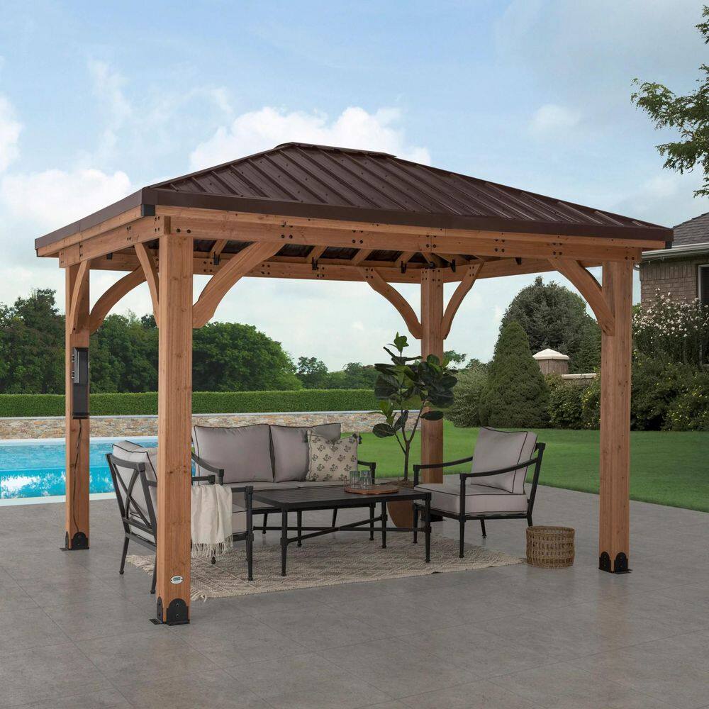 Backyard Discovery Barrington 12 ft. x 10 ft. All Cedar Wood Outdoor Gazebo Structure w/ Hard Top Steel Metal Hip Roof and Electric, Brown 2206076COM