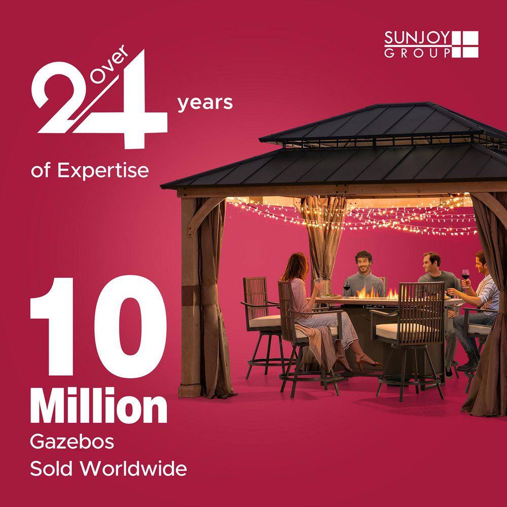 Sunjoy 11 ft. x 11 ft. Outdoor Patio Cedar Framed Hardtop Gazebo with Brown Steel Hip Roof and Frosted Polycarbonate Skylight A102007260