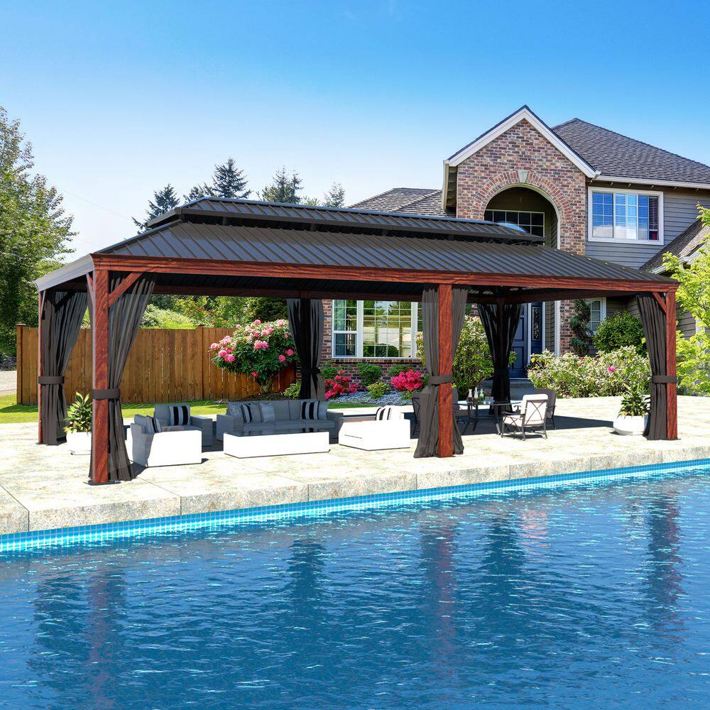 VEIKOUS 24 ft. x 14 ft. Wood Grain Aluminum Hardtop Gazebo Double Roof with Netting PG0201-24RT-4