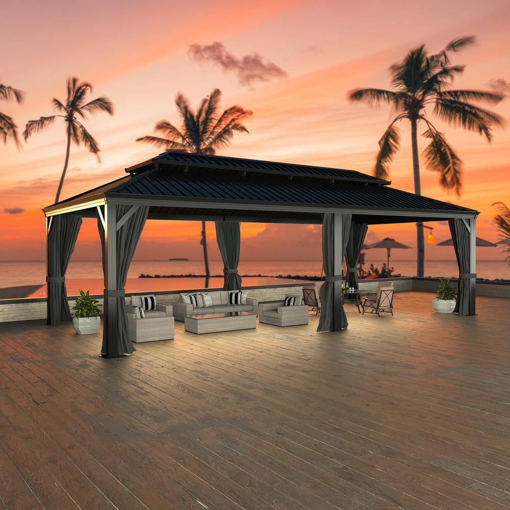 VEIKOUS 24 ft. W x 14 ft. L Aluminum Double Hardtop Gazebo with Curtains and Netting PG0201-24-4
