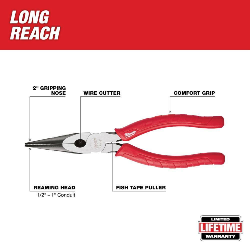 Milwaukee 10 in. High Leverage Lineman's Pliers with Crimper and Long Nose Pliers & 6 in./10 in. Straight-Jaw Pliers Set (4-Piece) 48-22-6100-48-22-6101-48-22-6330