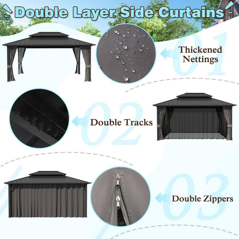 VEIKOUS 16 ft. x 12 ft. Aluminum Double Hardtop Gazebo with Grey Curtains and Netting PG0201-28-6