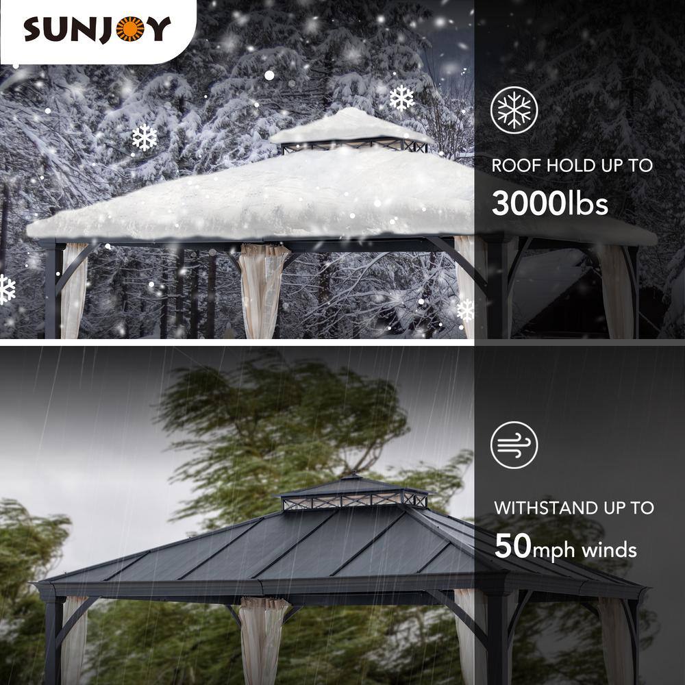 Sunjoy 11 ft. x 13 ft. Black Power-Coated 2-Tier Steel Roof Backyard Hardtop Gazebo with Metal Ceiling Hook and Netting A102006920