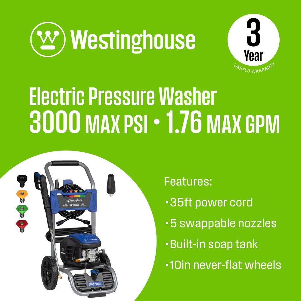 Westinghouse 3000 PSI 1.76 GPM 13 Amp Cold Water Electric Powered Pressure Washer with Turbo Nozzle and 5-Quick Connect Tips WPX3000e