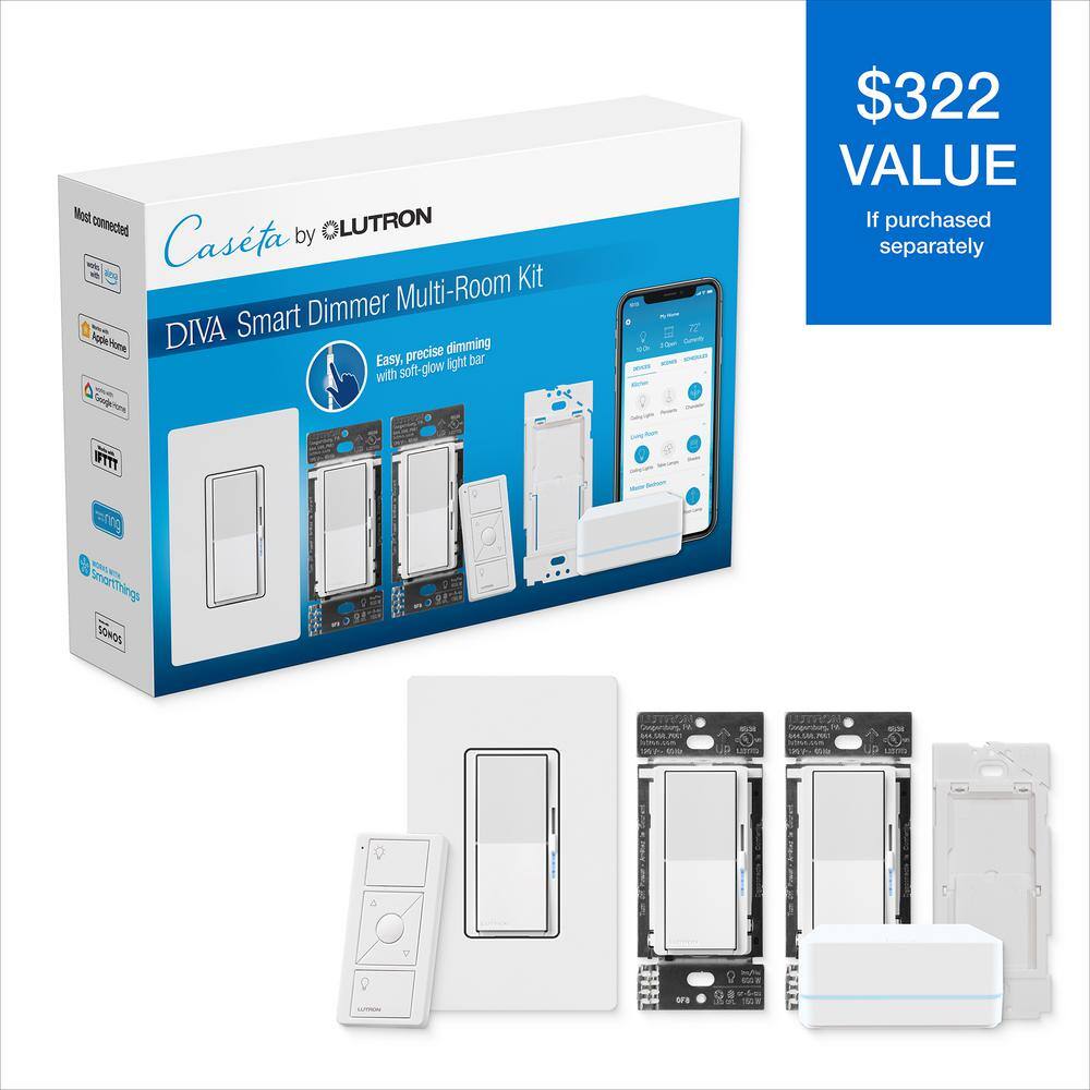 Lutron Diva Smart Dimmer Multi-Room Kit for Caseta Smart Lighting, with Smart Hub + Pico Remote, 150-Watt LED (DVRF-BDG-3D) DVRF-BDG-3D-HD