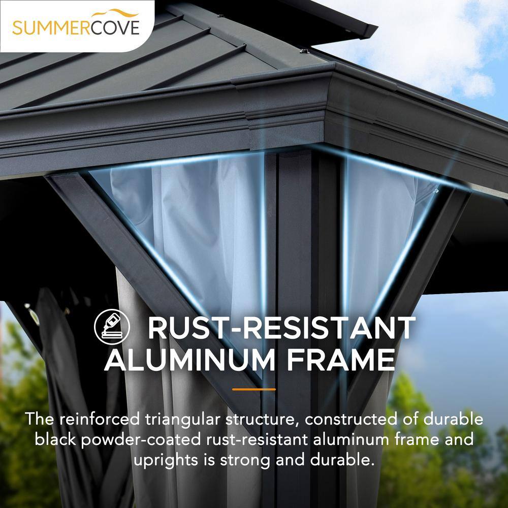 Sunjoy 10 ft. x 10 ft. Aluminum Frame and Black Power-Coated 2-Tier Steel Hardtop Gazebo for Backyard with Netting and Curtain A102012121