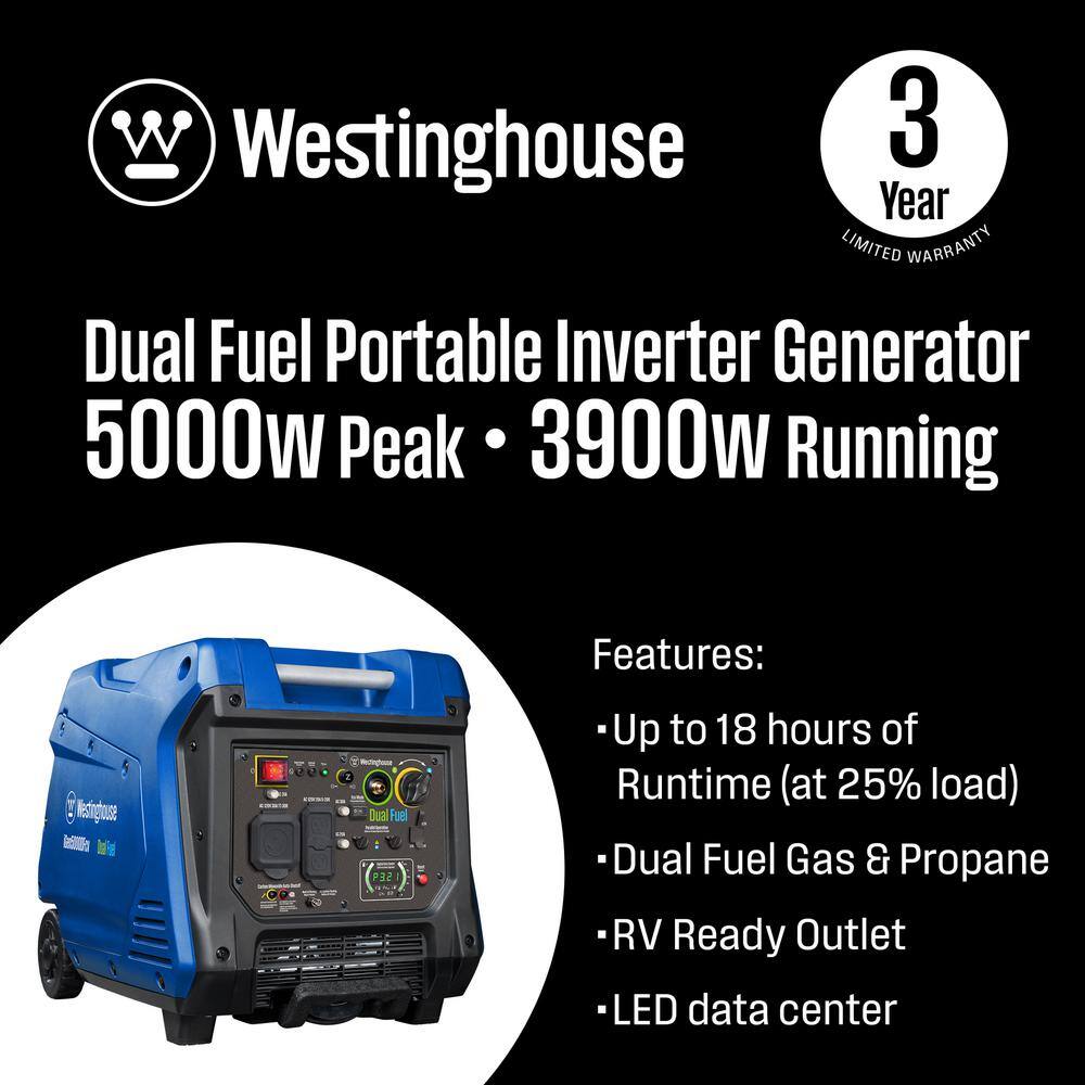 Westinghouse 5,000-Watt Dual Fuel Gas and Propane Powered Portable Inverter Generator with Recoil Start, LED Data Center iGen5000DFcv