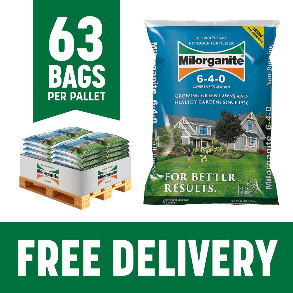 Milorganite 32 lbs. 2,500 sq. ft. Organic Slow-Release Nitrogen Lawn and Garden Dry Lawn Fertilizer 6-4-0 Pallet (63-Bags) 100552153