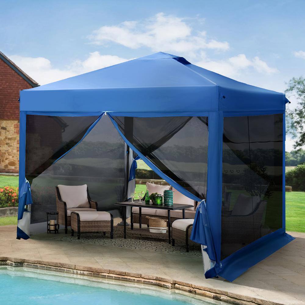 PHI VILLA 10 ft. x 10 ft. Blue Outdoor Patio Pop-Up Canopy with Netting THD-GA025-BL