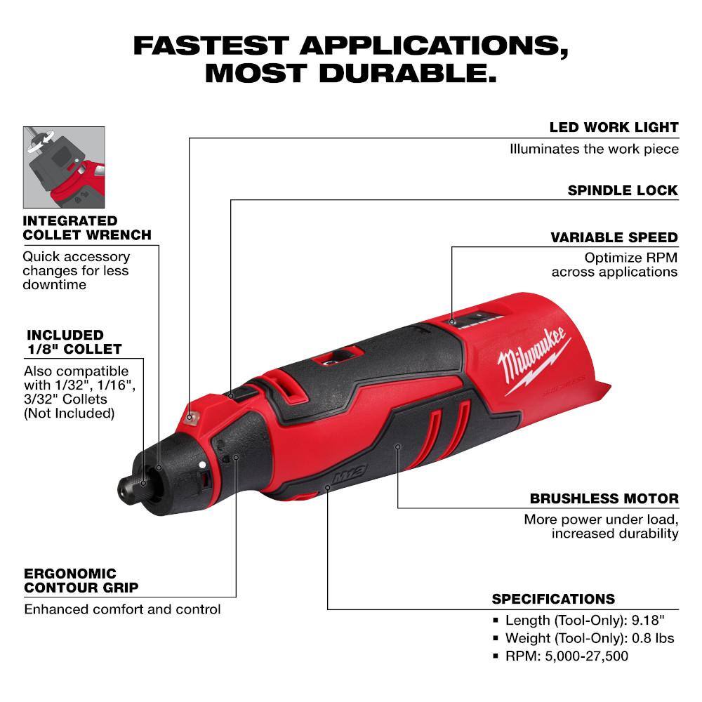 Milwaukee M12 12V Lithium-Ion Cordless Brushless Rotary Tool Kit with M12 12V ROVER Service and Repair Flood Light 2525-21-2367-20