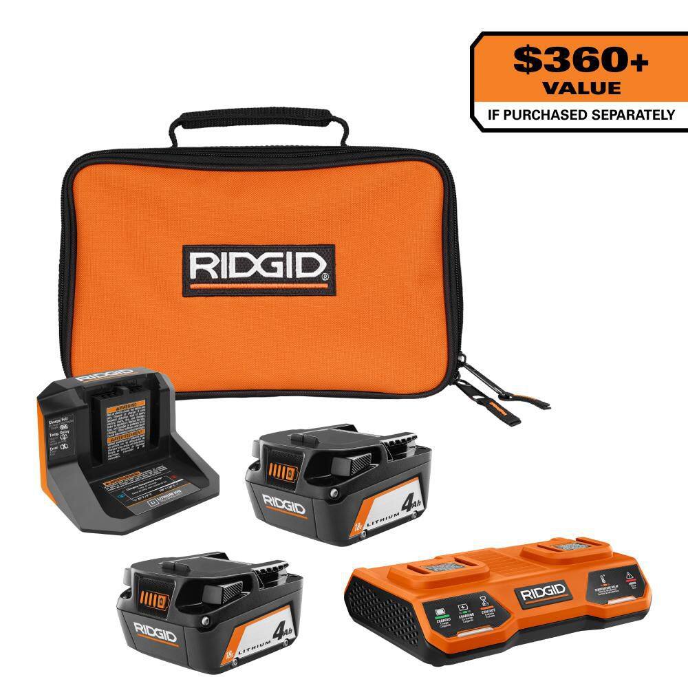 RIDGID 18V (2) 4.0 Ah Batteries and Charger Kit with 18V Dual Port Simultaneous Charger AC93044SBN-AC86095