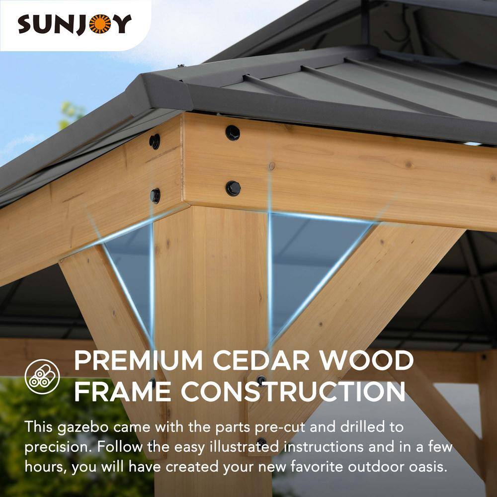 Sunjoy 11 ft. x 11 ft. Black 2-Tier Wooden Frame Hardtop Gazebo for Garden, Backyard Shade with Ceiling Hook A102007390