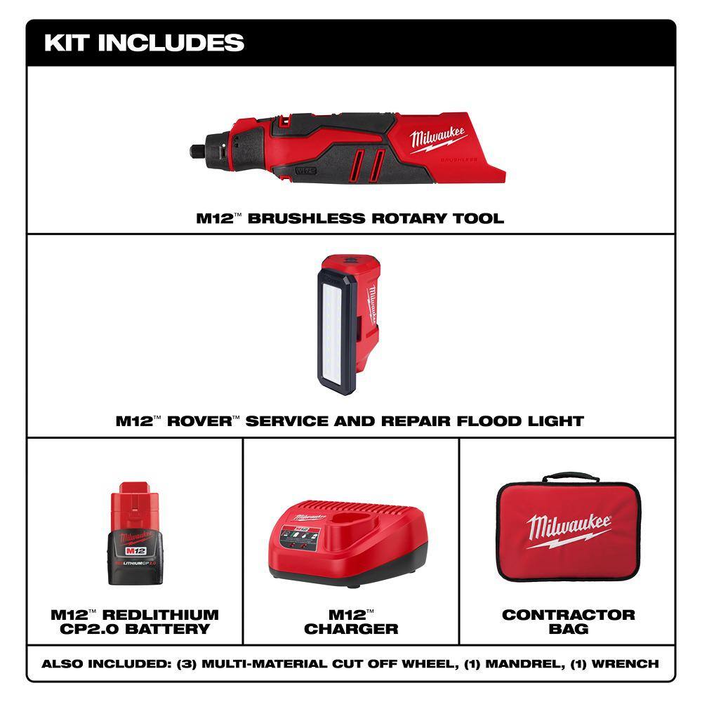 Milwaukee M12 12V Lithium-Ion Cordless Brushless Rotary Tool Kit with M12 12V ROVER Service and Repair Flood Light 2525-21-2367-20