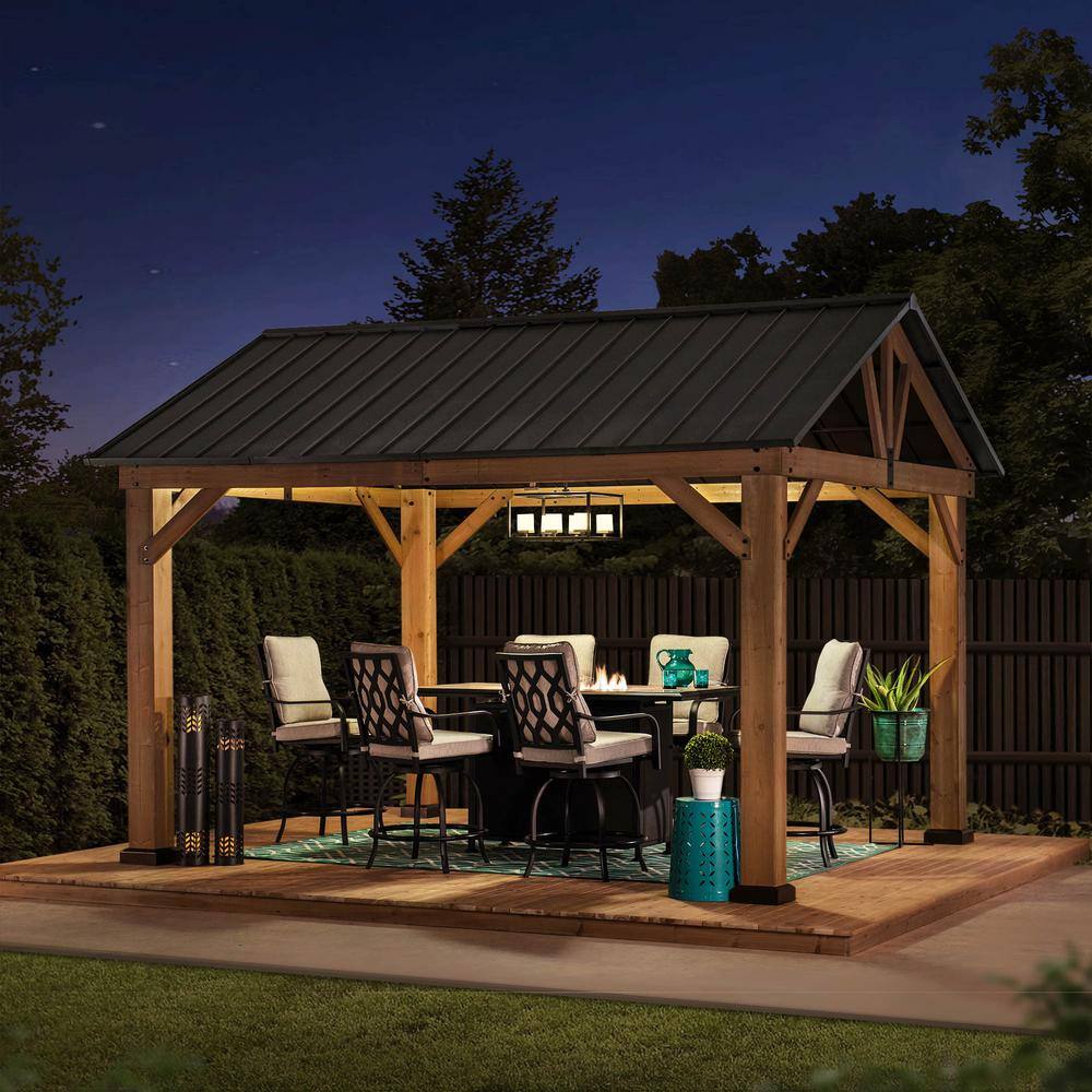 Sunjoy 11 ft. x 13 ft. Cedar Framed Gazebo with Matte-Black Steel Gable Hard Top Roof A102008001
