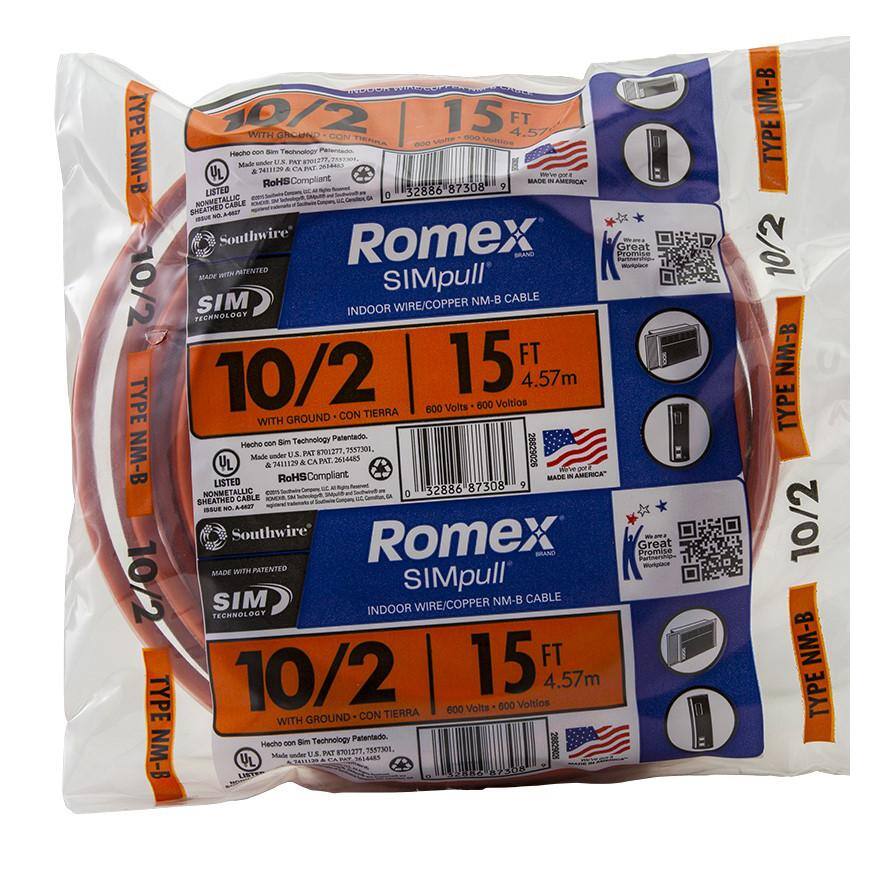 Southwire 15 ft. 10/2 Solid Romex SIMpull CU NM-B W/G Wire 28829026