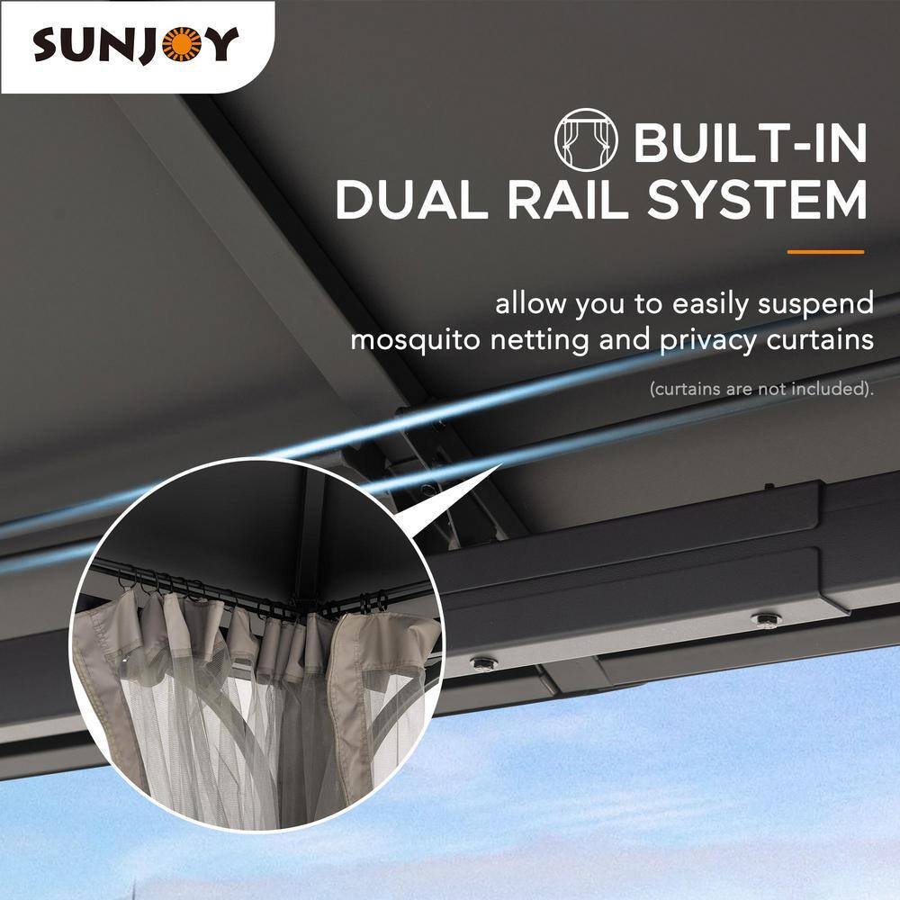 Sunjoy 12 ft. x 16 ft. Black Steel Gazebo with 2-tier Hip Roof Hardtop and Ceiling Hook and Removable Netting Sidewalls A102009141