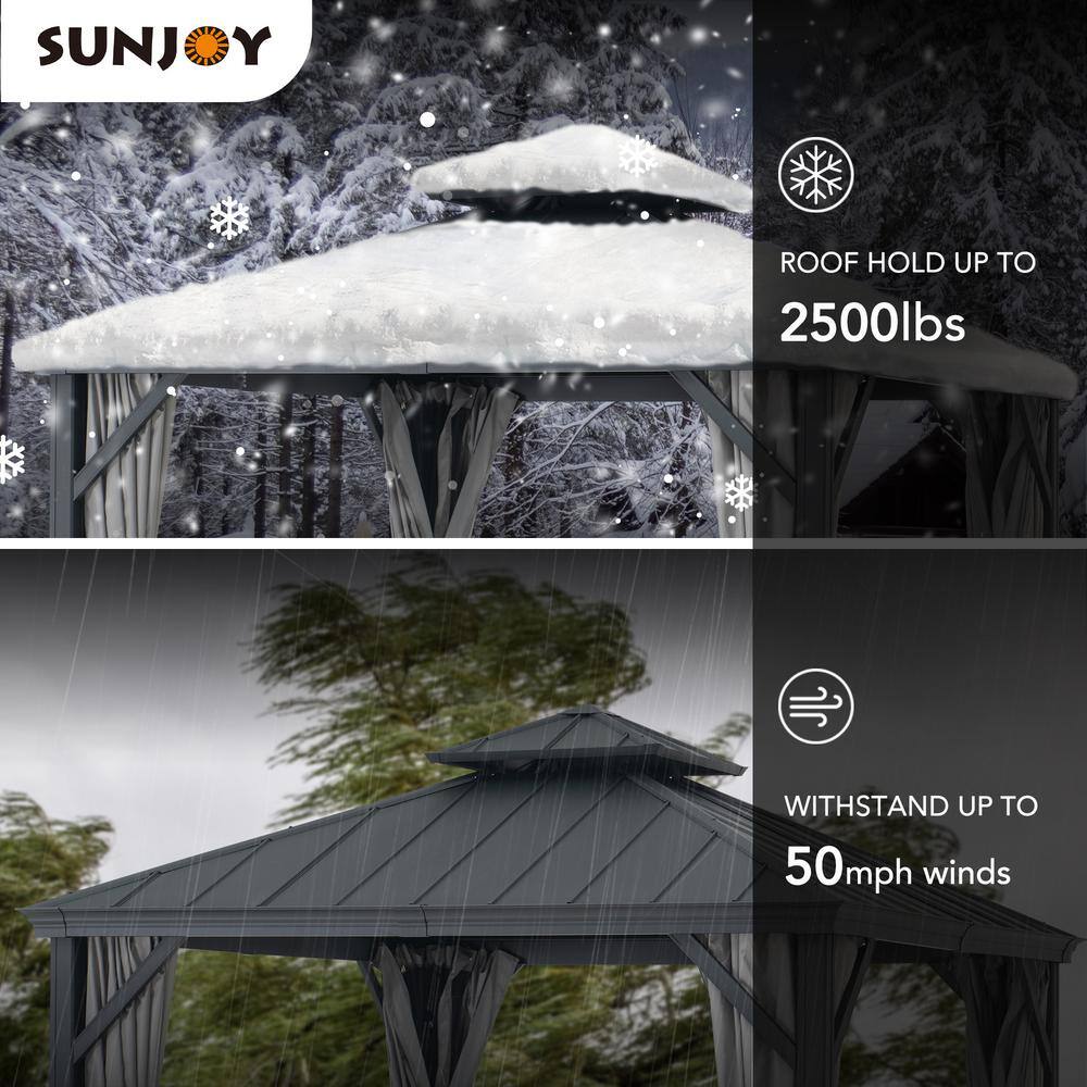 Sunjoy 10 ft. x 10 ft. Aluminum Frame and Black Power-Coated 2-Tier Steel Hardtop Gazebo for Backyard with Netting and Curtain A102012121
