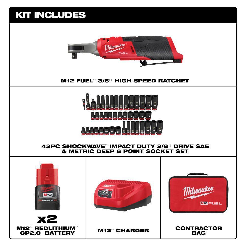 Milwaukee M12 FUEL 12V Cordless High Speed 3/8 in. Ratchet Kit with 3/8 in. Drive SAE and Metric Impact Socket Set (43-Piece) 2567-22-49-66-7009