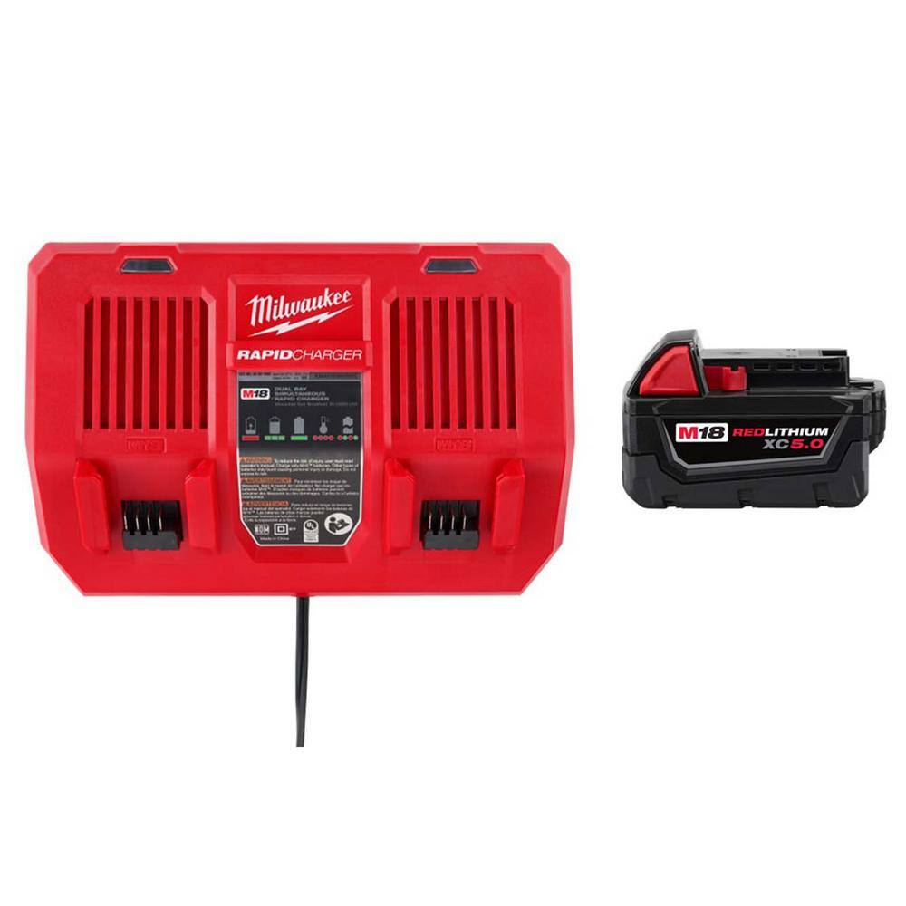 Milwaukee M18 18-Volt Lithium-Ion Dual Bay Rapid Battery Charger with M18 XC 5.0Ah Battery Pack 48-59-1802-48-11-1850