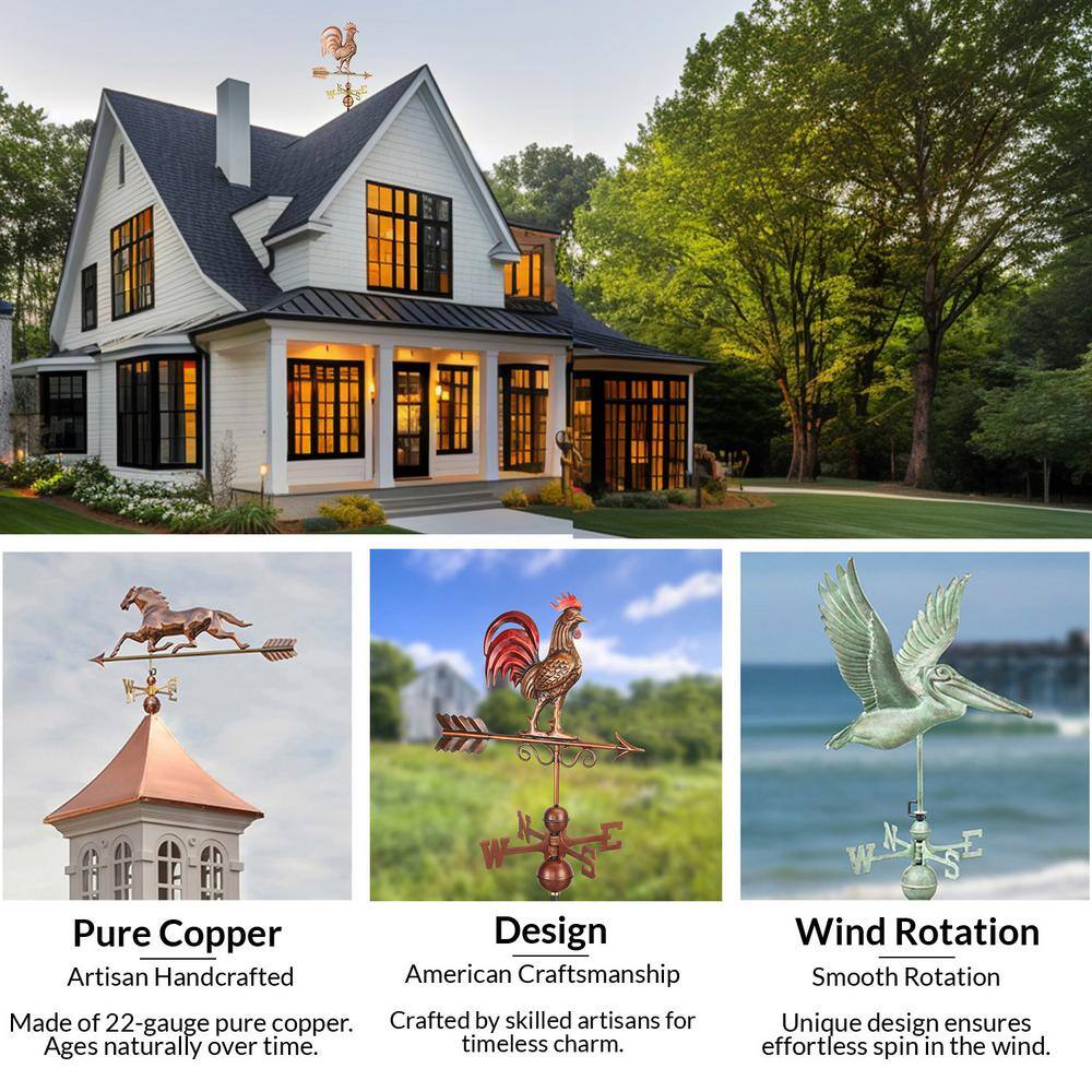 Good Directions Large Rooster Weathervane - Pure Copper 515P