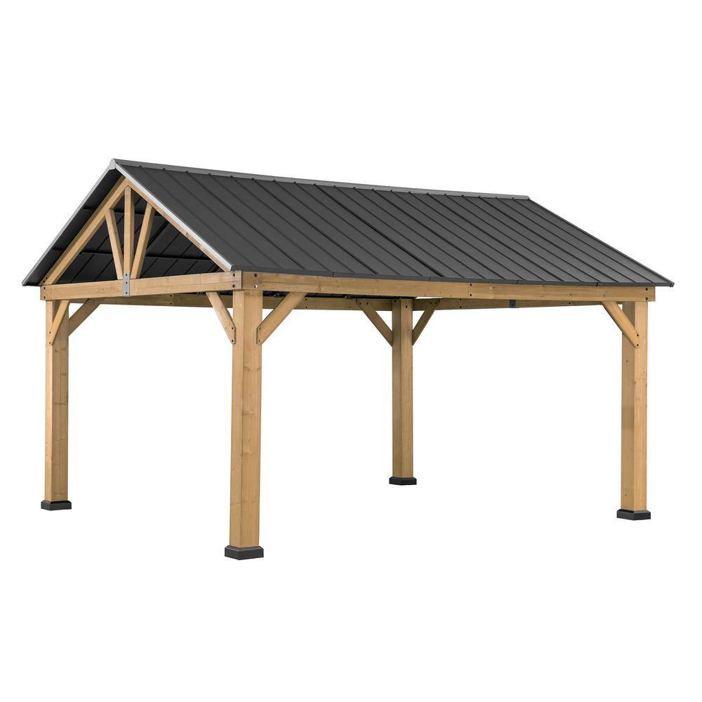 Sunjoy 11 ft. x 13 ft. Cedar Framed Gazebo with Matte-Black Steel Gable Hard Top Roof A102008001