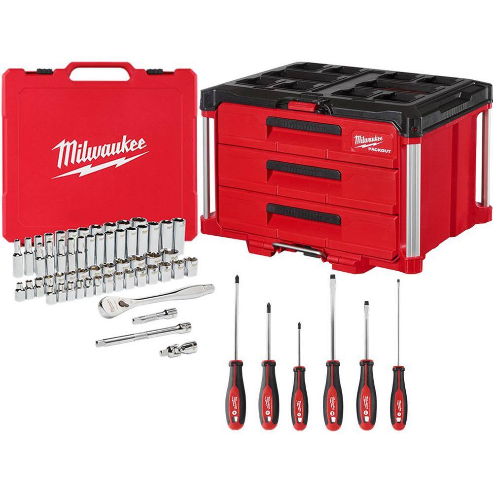 Milwaukee 3/8 in. Drive SAE/Metric Mechanics Tool Set (62-Piece) with PACKOUT 3-Drawer Tool Box 48-22-9008-48-22-2706-48-22-8443