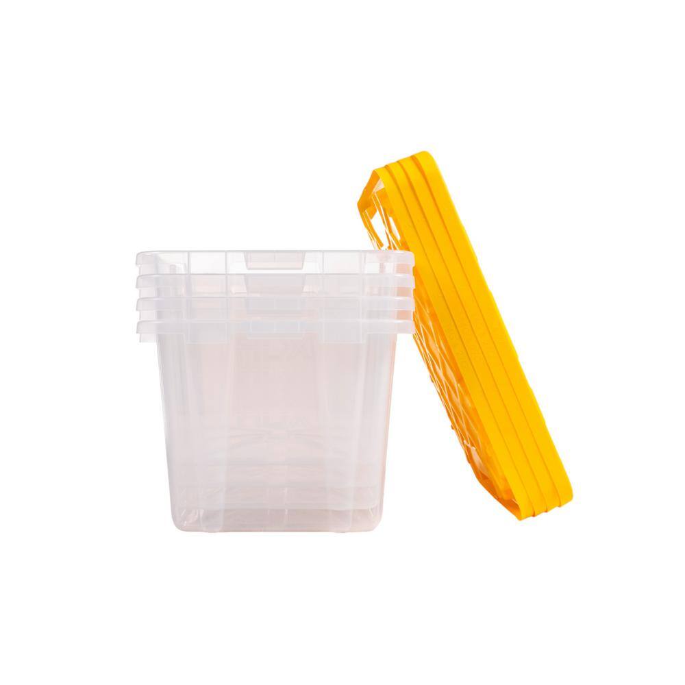 HDX 27 Gal. Tough Storage Tote in Clear with Yellow Lid (4-Pack) 999-HDX-27G-C4
