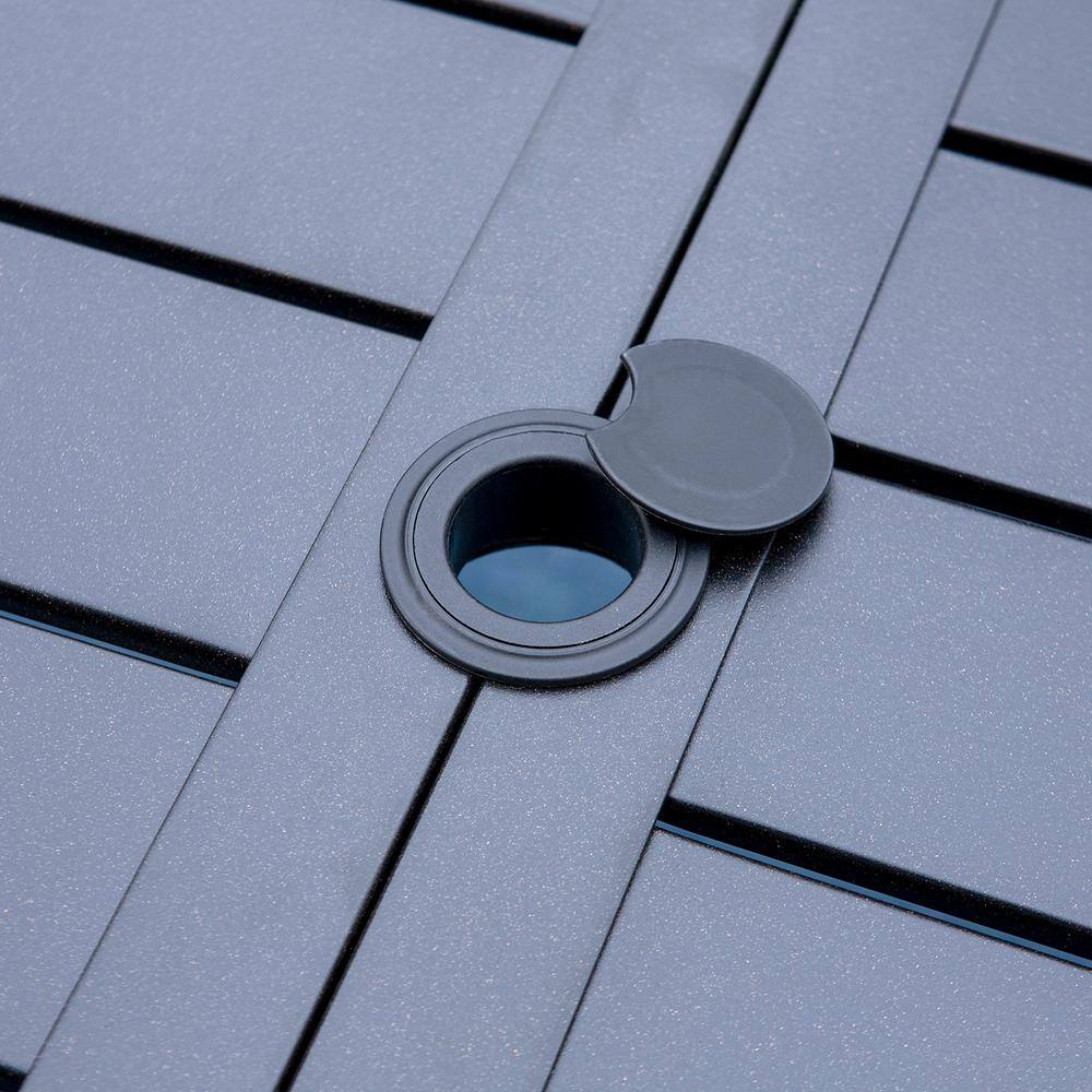 PHI VILLA Black 8-Piece Metal Patio Outdoor Dining Set with Slat Rectangle Table, Textilene Swivel Chairs and Beige Umbrella THD8-0604-93BM