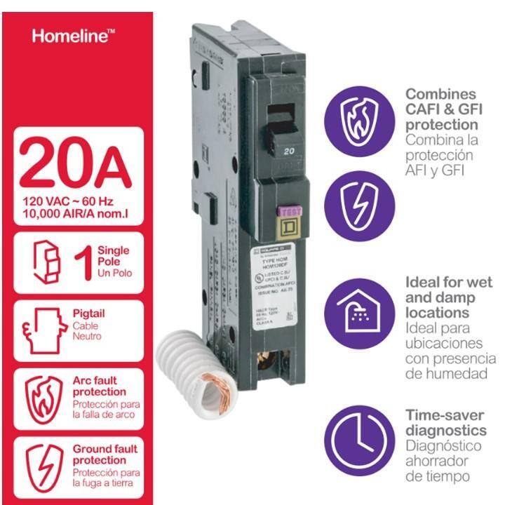 Square D Homeline 20 Amp Single-Pole Dual Function (CAFCI and GFCI) Circuit Breaker HOM120DFC
