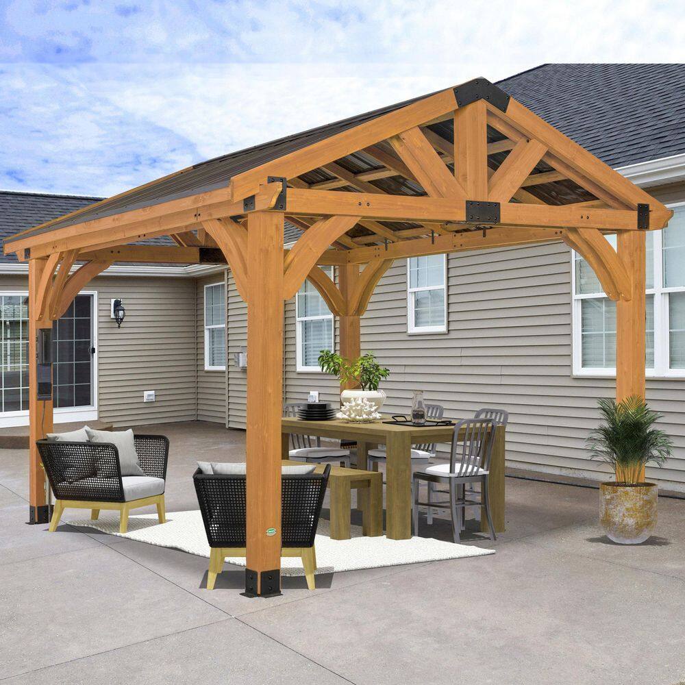 Backyard Discovery Arlington 12 ft. x 12 ft. All Cedar Wood Outdoor Gazebo Structure with Hard Top Steel Metal Peak Roof and Electric 2001527COM