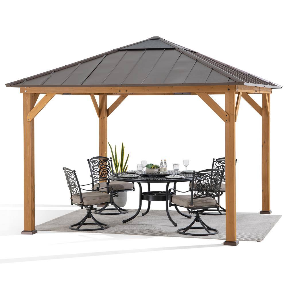 Sunjoy 11 ft. x 11 ft. Outdoor Patio Cedar Framed Hardtop Gazebo with Brown Steel Hip Roof and Frosted Polycarbonate Skylight A102007260