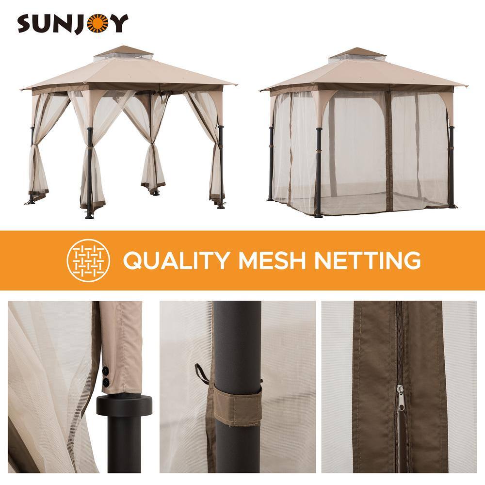 Sunjoy 9.5 ft. x 9.5 ft. 2-Tier Soft Top Gazebo Steel Outdoor Garden Gazebo with Ceiling Hook and Netting, Tan and Brown A101011100