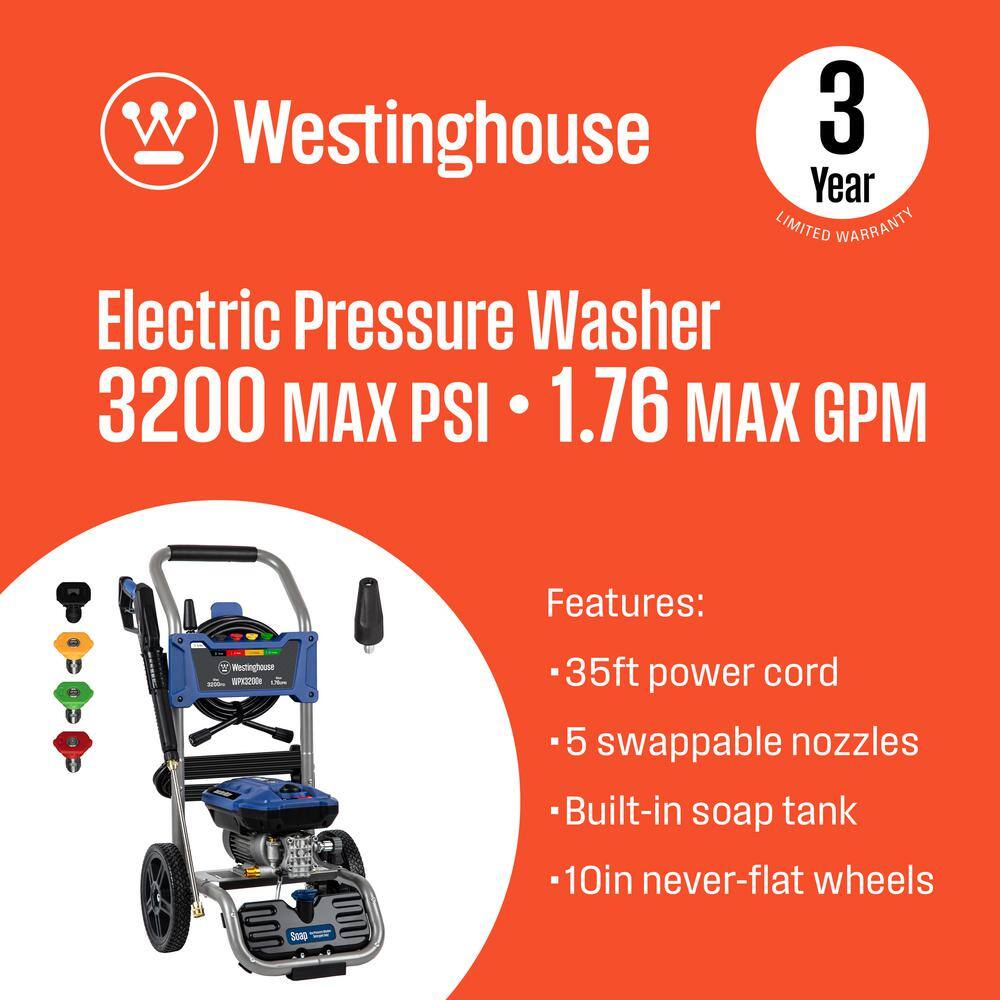 Westinghouse 3200 PSI 1.76 GPM 13 Amp Cold Water Electric Powered Pressure Washer with Turbo Nozzle and 5 Quick Connect Tips WPX3200e