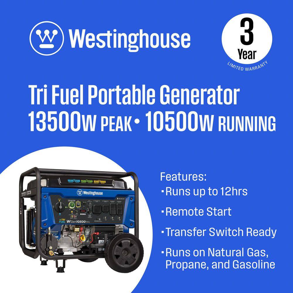 Westinghouse 13,500/10,500-Watt Tri-Fuel Gas, Propane, Natural Gas Powered Portable Generator with Remote Electric Start, 50A Outlet WGen10500TFc