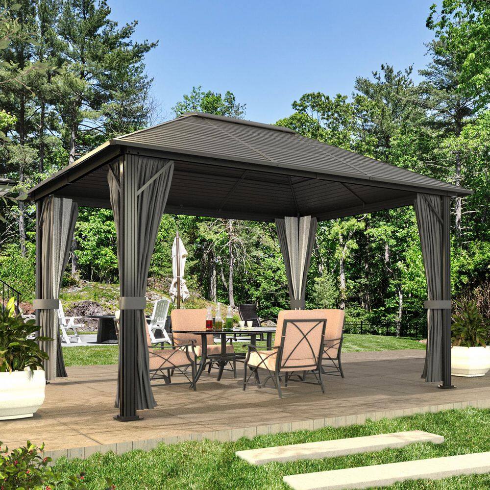 VEIKOUS 12 ft. W x 10 ft. L x 8.7 ft. H Aluminum Hardtop Gazebo with Grey Curtains and Netting PG0201-20-1