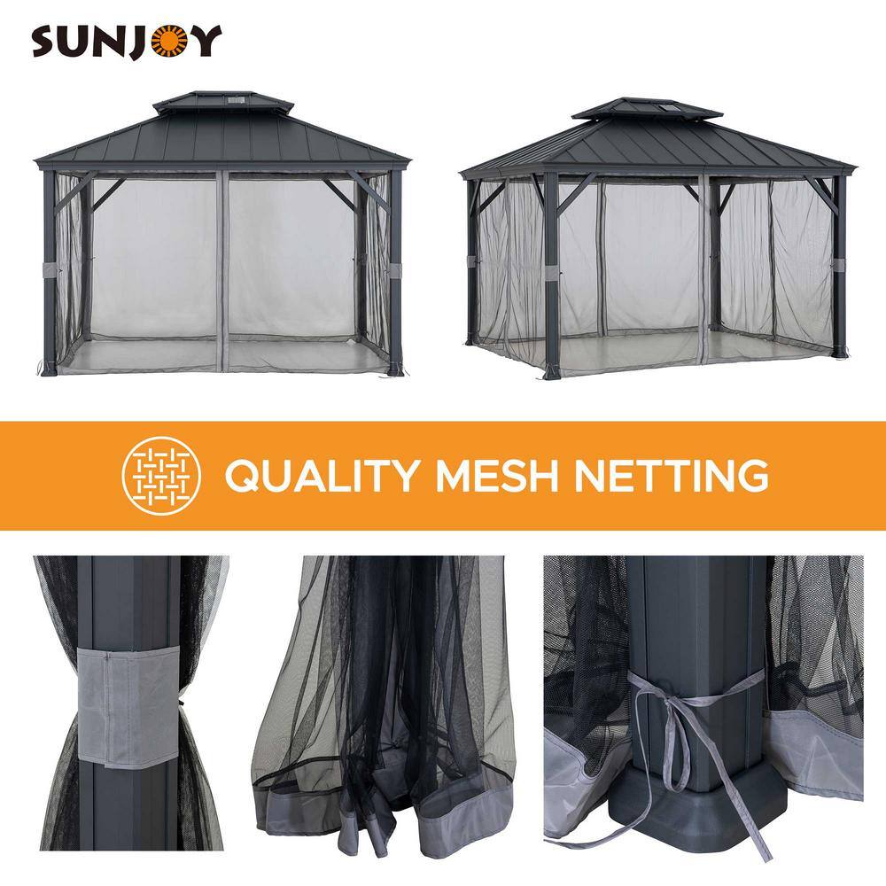 Sunjoy 10 ft. x 12 ft. 2-Tier Black Power-Coated Steel Hardtop Gazebo Patio Aluminum Frame Gazebo with Solar Panel and Netting A1020121C0