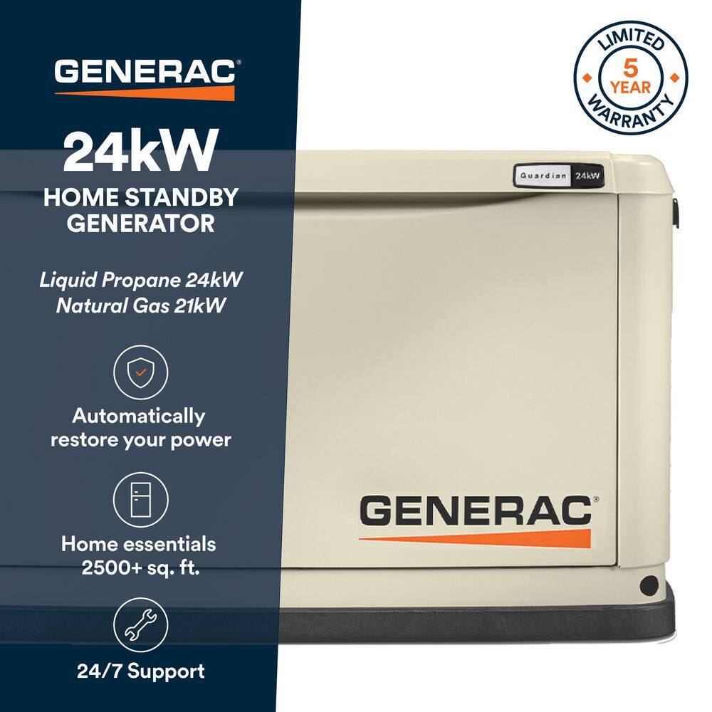 Generac 24,000 Watt - Dual Fuel Air- Cooled Whole House Home Standby Generator, Smart Home Monitoring & 200-AMP Transfer Switch 72101
